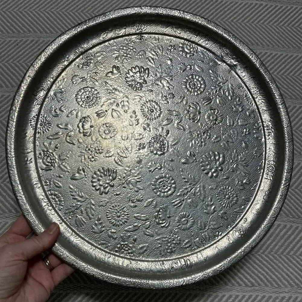 Textured Tea Tin Round Platter Tray Silver Tone 13in Vintage Floral Relief